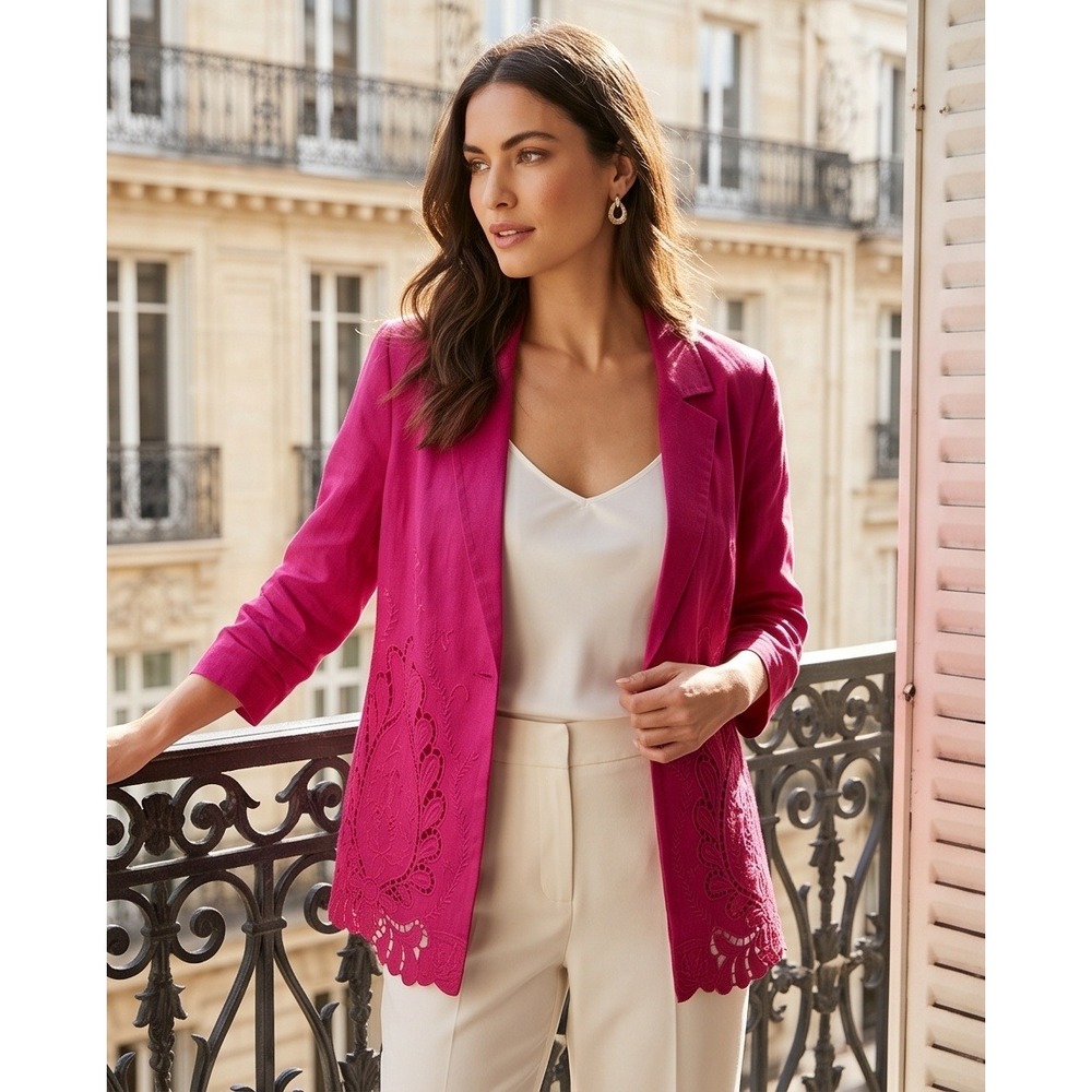 Chico's 2 Pink Linen Blend Open Front Blazer Jacket Lazer Cutout Design Large